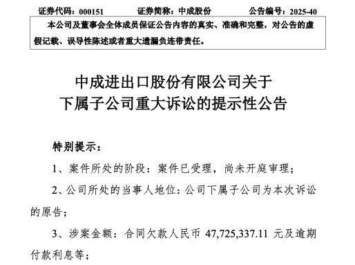 因合同款欠付，中成股份孙公司起诉合作方还钱，连本带利约6000万元